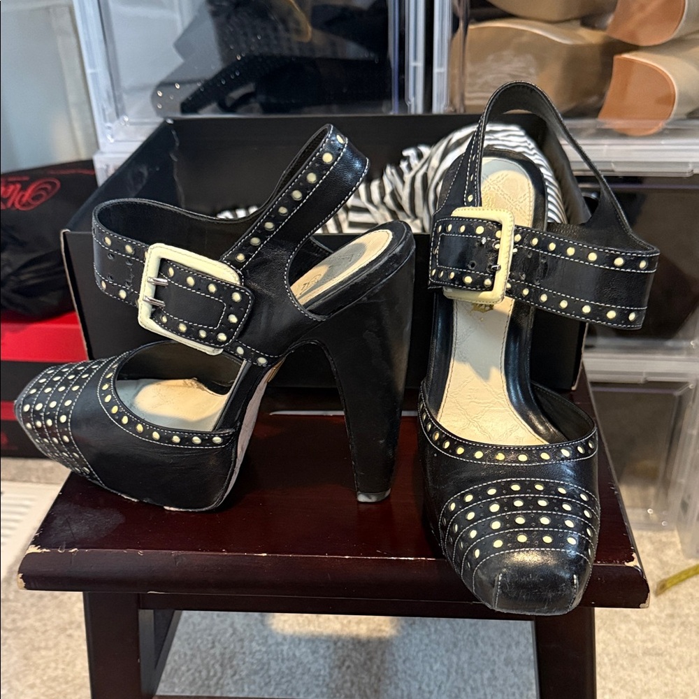 L.A.M.B. Black and White GEM Heels with Ankle Strap 7